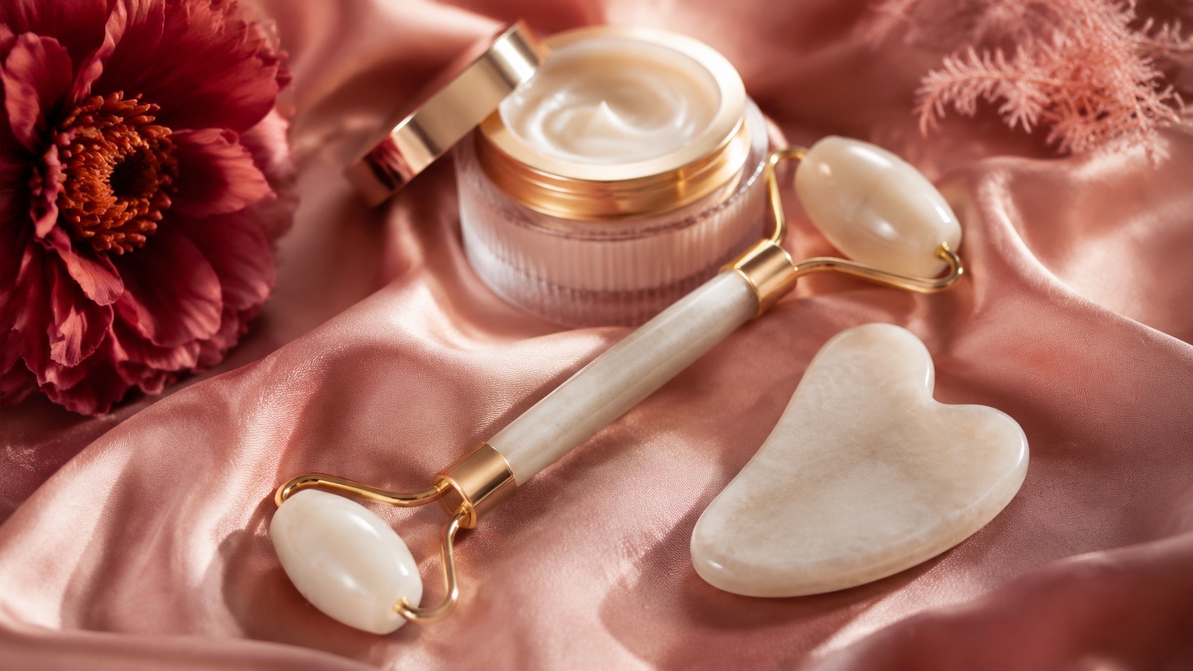 Skincare ritual with jade roller and creams