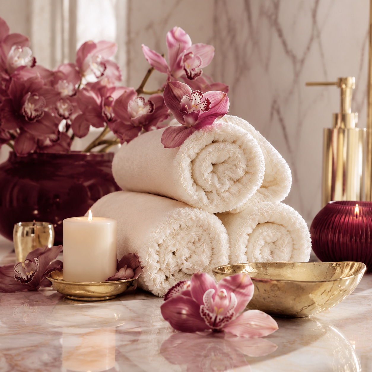 Spa still life with towels, orchids and candles