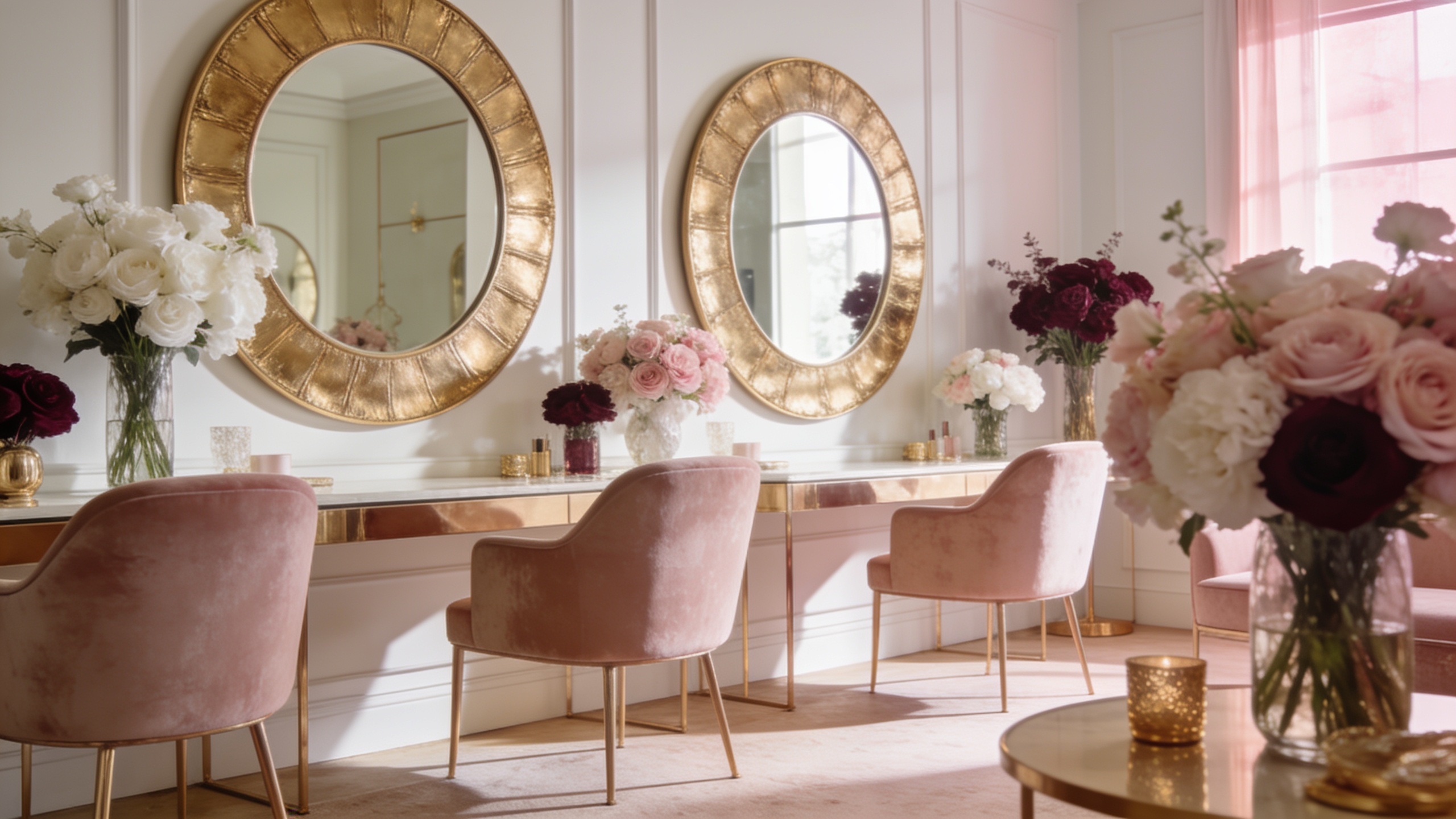 Elegant interior of The Beauties Salon & Spa in Naples, porcelain tones with blush velvet chairs and gold mirrors